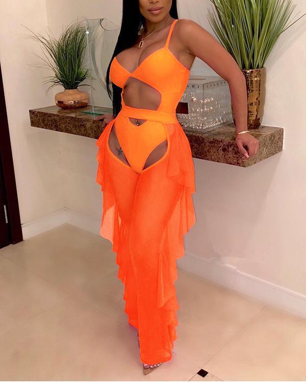 Cutout One-Piece Swimsuit & Ruffle Mesh Sheer Pants Set