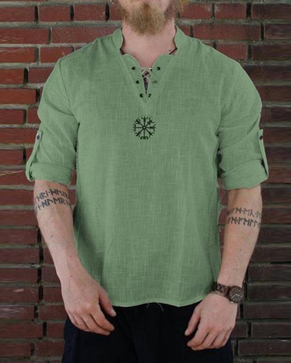 Embroidered  Men's Round Neck Cotton And Linen Long Sleeve Shirt