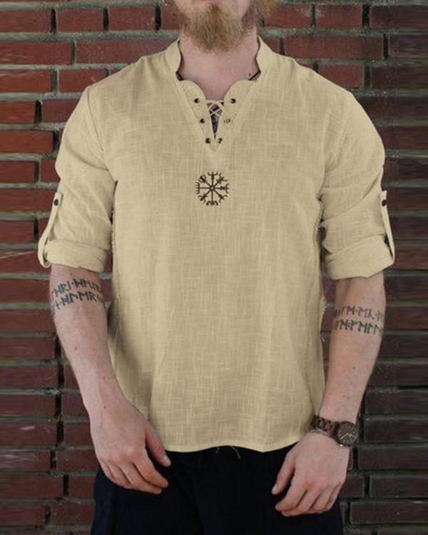 Embroidered  Men's Round Neck Cotton And Linen Long Sleeve Shirt