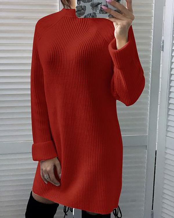 Womens Fashion High Collar Sweater Dress Long Sleeve Casual Knitted Dress