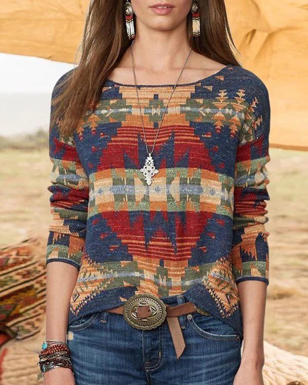 Geometric Print Paneled Vintage Long Sleeves T-shirt