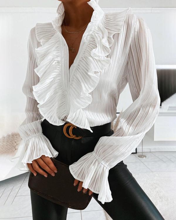 Elegant Solid Ribbed Ruffled Trim Paneled V-neck Blouse