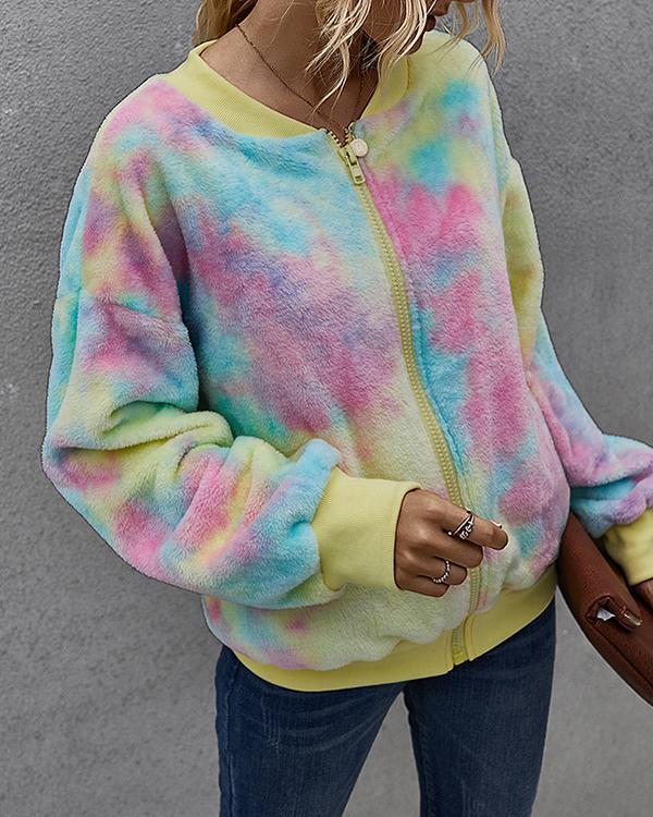 Women's Zipper Winter Teddy Coat Regular Tie Dye Daily Basic Outerwear