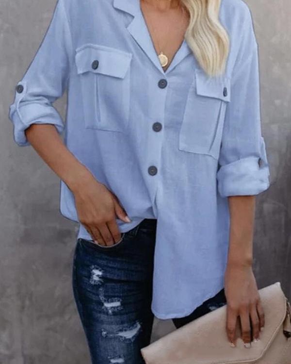 Casual Solid Buttons Down Lapel Collar Side Pockets Blouse