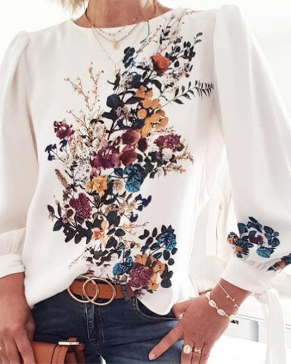 Fashion Floral Printed Round Collar Long sleeve Blouses