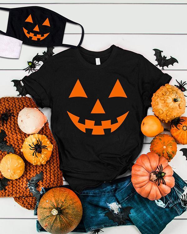 Women Plus Size 3PC Halloween Print Short Sleeve T-Shirts with Mask