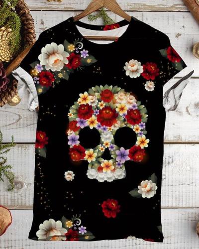Women Plus Size Halloween Skull Flower Print Short Sleeve T-Shirts