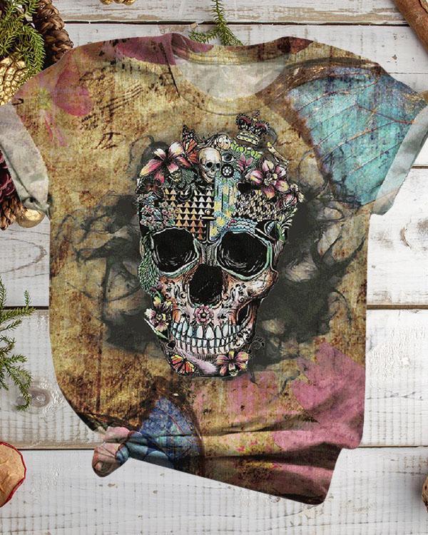 Women Plus Size Halloween Skull Flower Print Short Sleeve T-Shirts