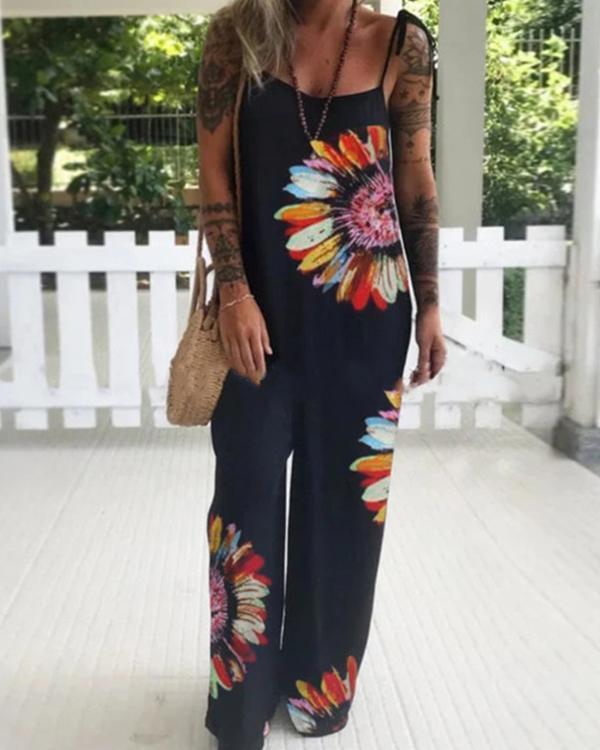 Black Floral Spaghetti Casual One-Pieces