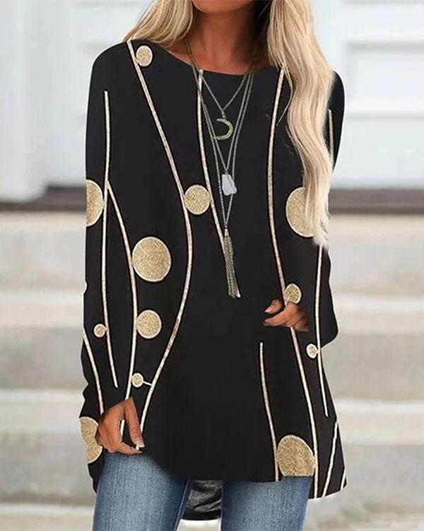 Plus Size Color Block Casual Round Neckline Long Sleeve Blouses