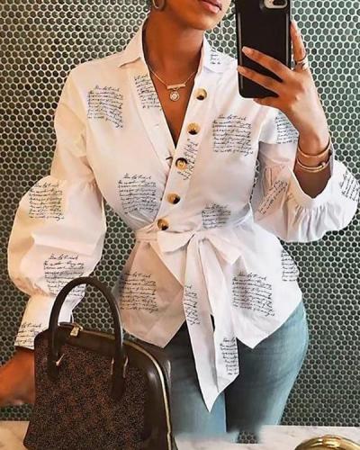 Women Letter Print Lace up Lantern Sleeve Button Decor Shirts Blouses