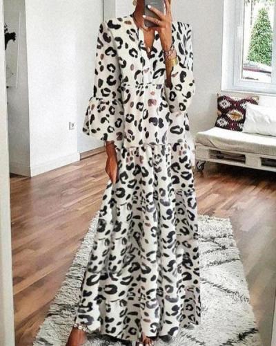 Fashion Leopard Print Dress Flare Sleeve Ruffled Hem Maxi Dress