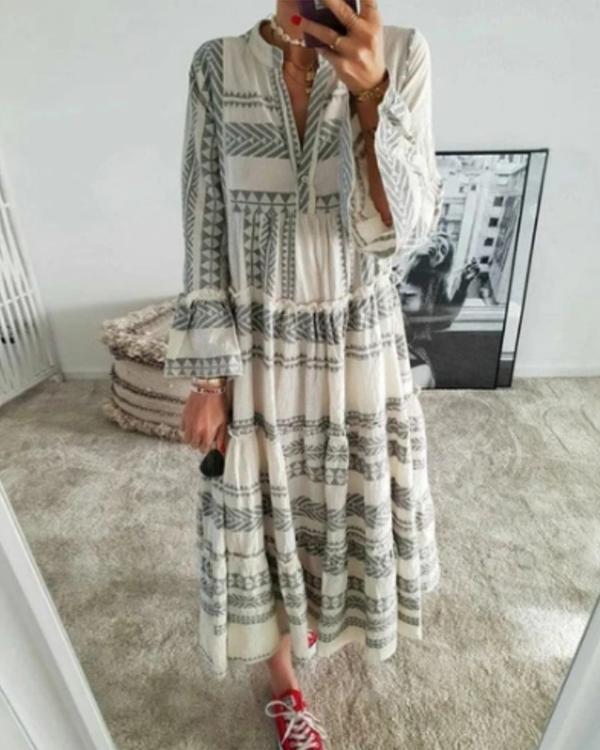 Vintage Boho Print Dress Flare Sleeve Ruffled Hem Maxi Dress