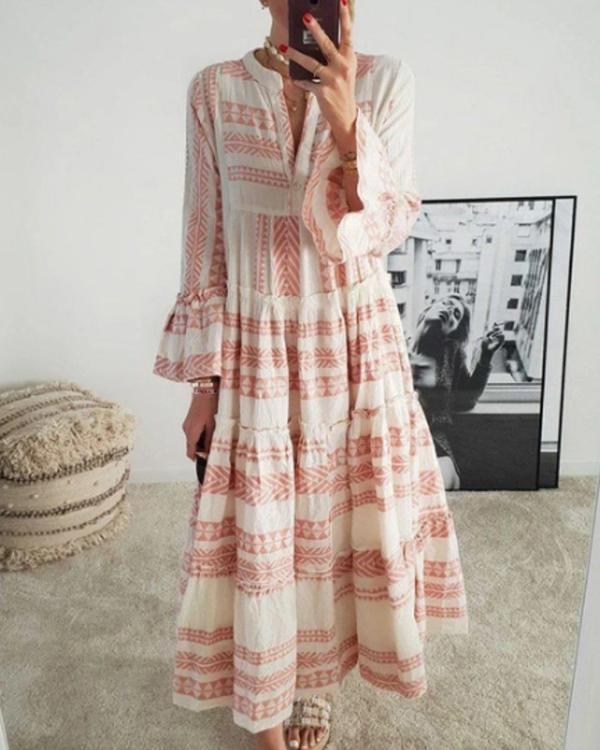 Vintage Boho Print Dress Flare Sleeve Ruffled Hem Maxi Dress