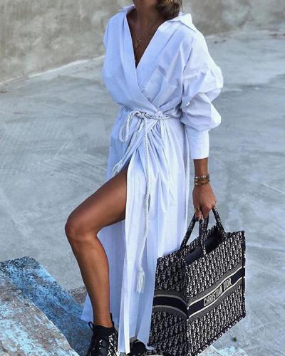 Long Sleeve Lace up Waist Casual Solid One-Piece Shirt Dress Maxi Dress