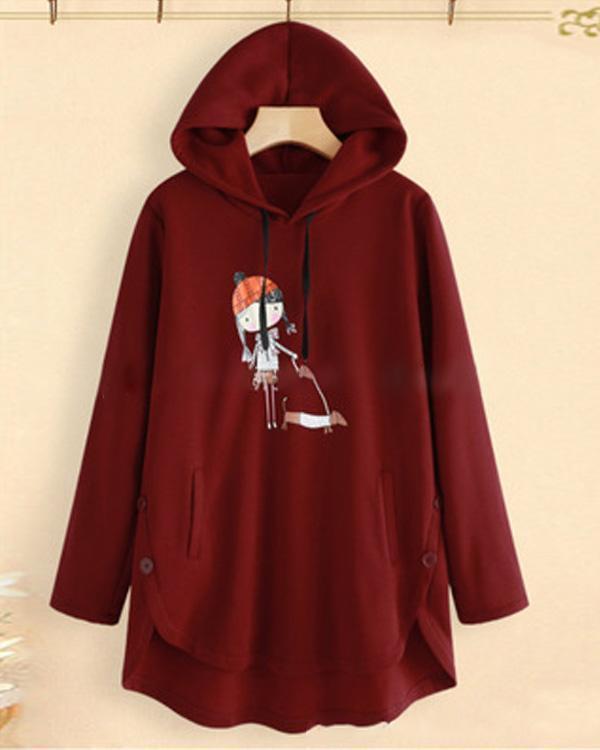 Printed Long Sleeve Women Loose Hooded Casual Daily Shift Tops