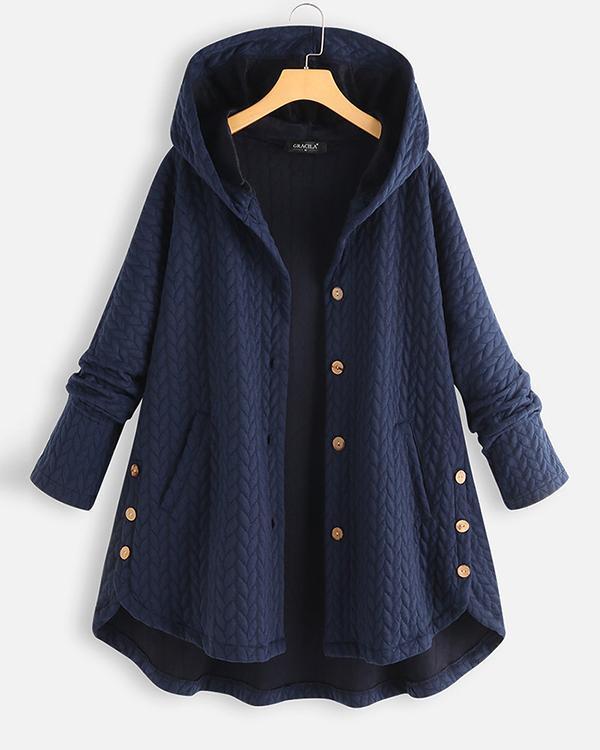 Casual Jacquard Pockets High Low Hooded Coat