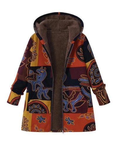 Printed Hooded Pockets Coats For Women