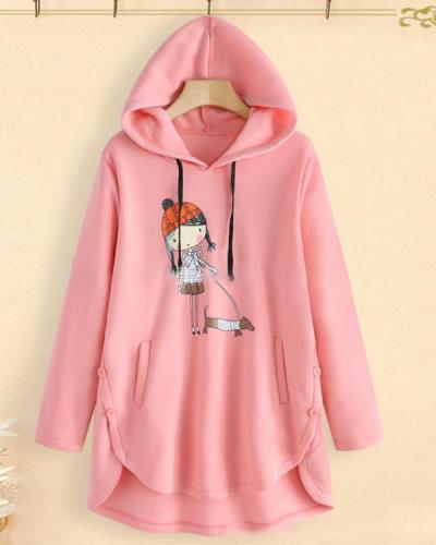 Printed Long Sleeve Women Loose Hooded Casual Daily Shift Tops