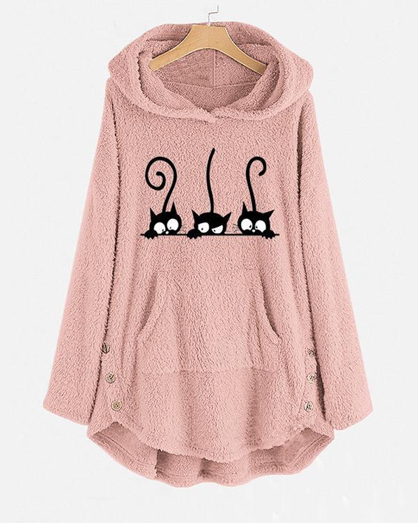 Casual Three Cute Cats Print Long Sleeve Fleece Hoodies