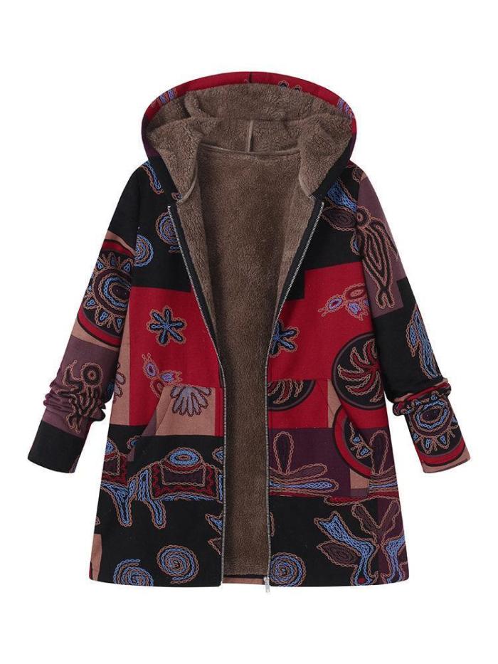Printed Hooded Pockets Coats For Women