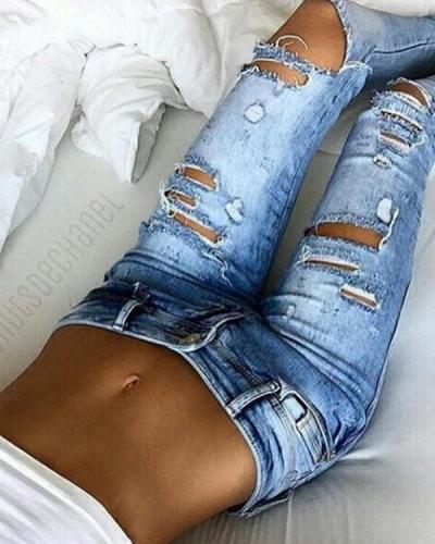 Fashion Hole Elastic Denim Jeans Pants