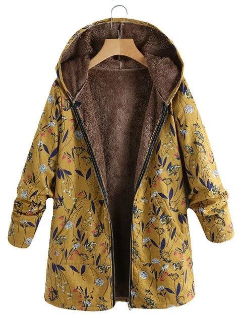 Floral Print Hooded Long Sleeve Pockets Vintage Coats