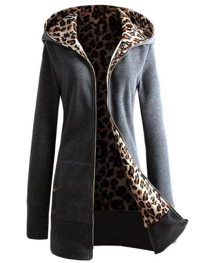 Hoodie Pockets Leopard-print Thick Coat
