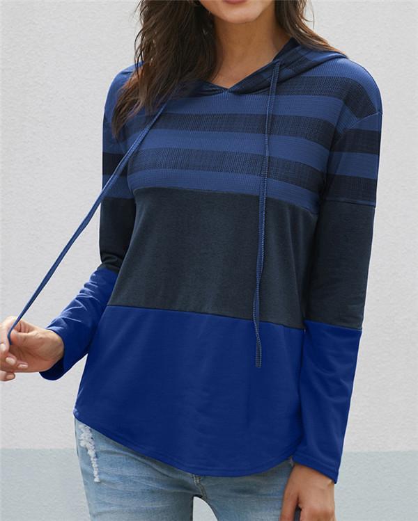 Fashion Patched Color Hooded Loose Women Fall Tops