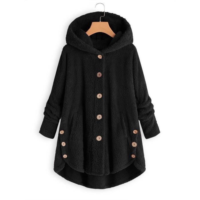 Fleece Hooded Irregular Hem Button Coats
