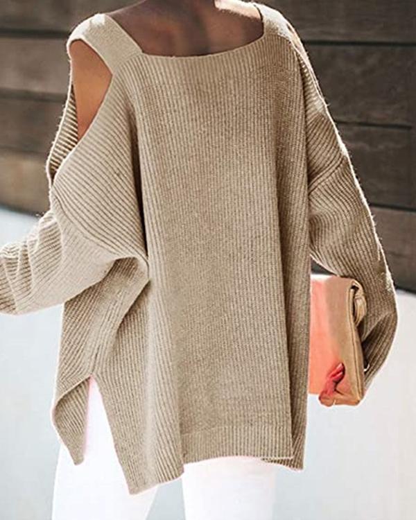 Plain Long Sleeve Casual Loose Cold Shoulder Sweater