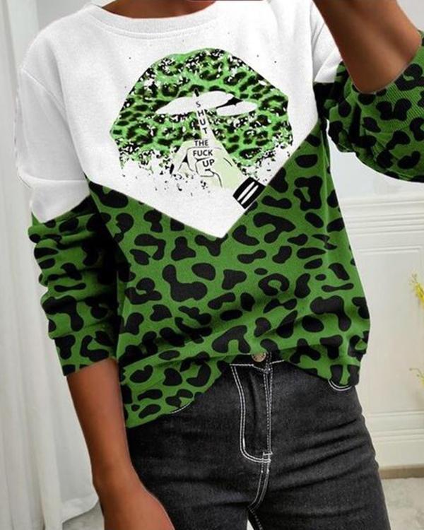 Women Color Block Leopard Lip Print Long Sleeve Sweatshirts