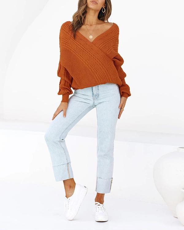 Rust Sexy V-neck Cable Knit Sweater