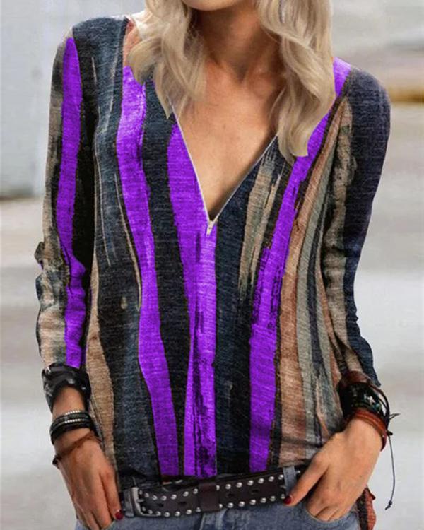 Print Casual V-Neckline Long Sleeve Blouses