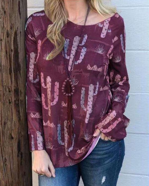 Print Cotton-blend Casual Loose Blouses