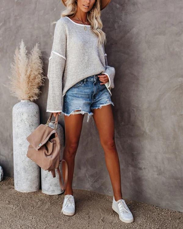 Casual Stitching Flared Sleeve Loose Knit Sweater