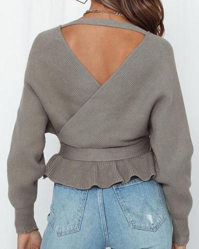 Sexy V-neck Halter Casual Lace-up Crop Knit Sweater