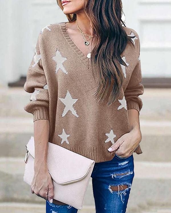Cotton-blend Pullover V Neck Star Print Casual Loose Sweater