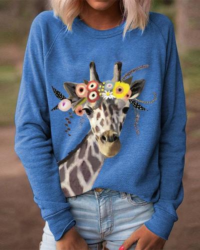 Women Giraffe Floral Print Long Sleeves Casual T-Shirts