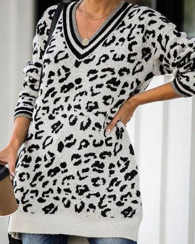 V-Neckline Leopard Knit Casual Long Sweaters