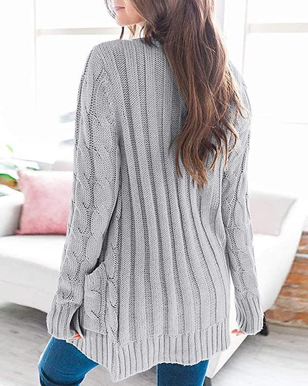 V-Neckline Solid Casual Cable Knit Pockets Buttons Sweaters