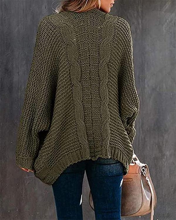 Fashion Solid Cable Knit Casual Bat Sleeve Cardigan