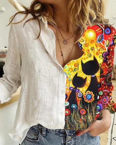 Cartoon Printed Patchwork Lapel Collar Button Long Sleeve Blouse