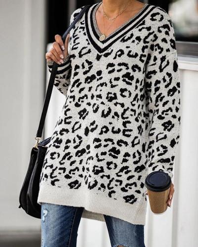 V-Neckline Leopard Knit Casual Long Sweaters