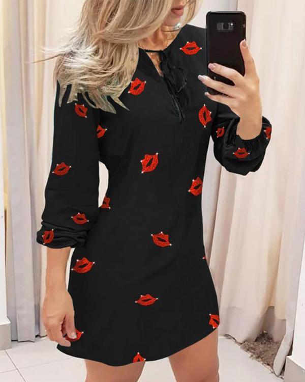 Elegant Office Ladies Long Sleeve Butterfly/Lip/Flower Print Mini Dresses