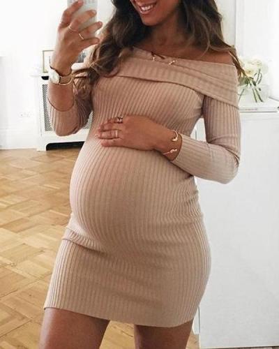 Maternity Elegant Off Shoulder Long Sleeve Knitted Bodycon Dress