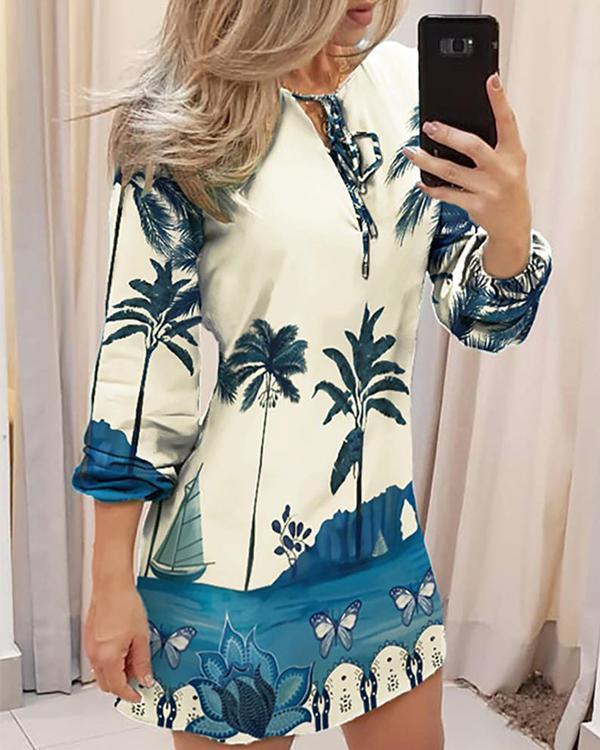 Elegant Office Ladies Long Sleeve Butterfly/Lip/Flower Print Mini Dresses