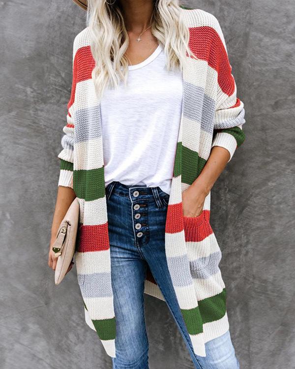 Fashion Stripe Knit Sweater Cardigan Long Coat