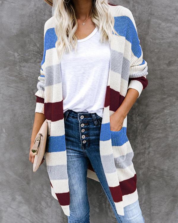 Fashion Stripe Knit Sweater Cardigan Long Coat