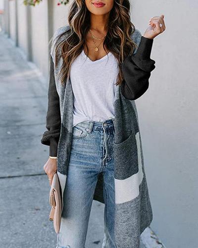 Fashion Straight Color Block Knit Sweater Cardigan Long Coat